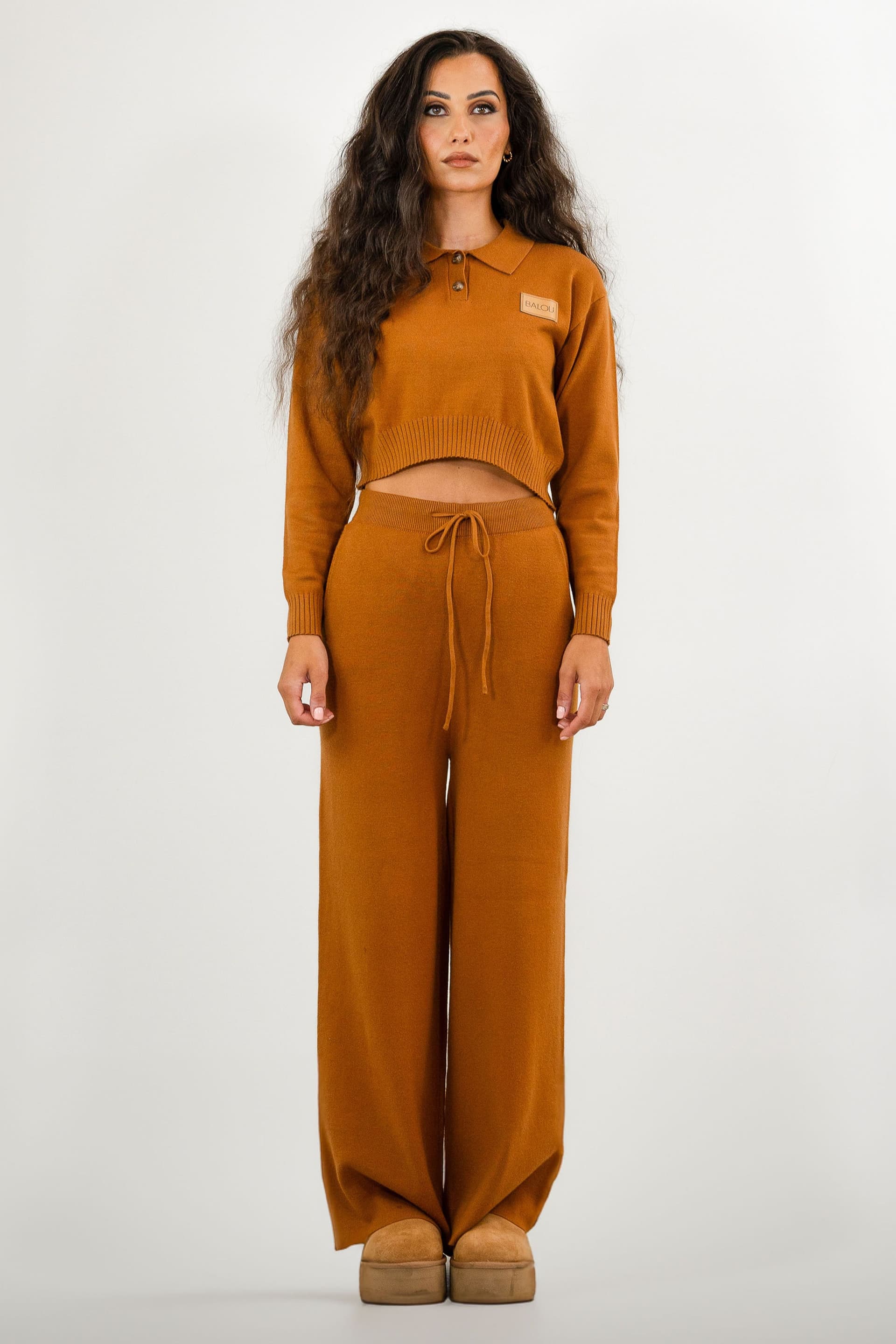 BALOU BALOU Women's High Waist Wide Leg Knit Trousers in Brown