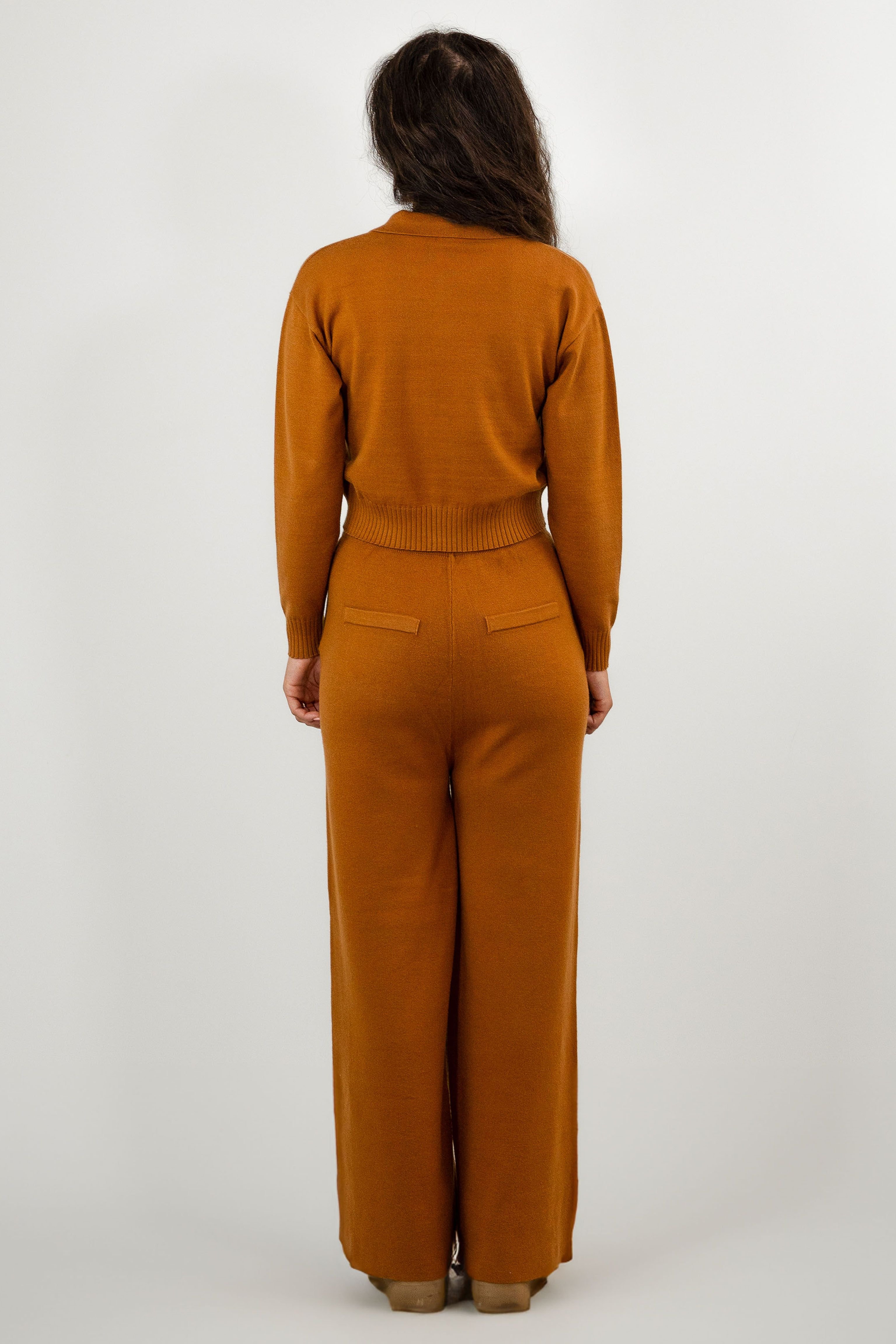 BALOU BALOU Women's High Waist Wide Leg Knit Trousers in Brown - 2