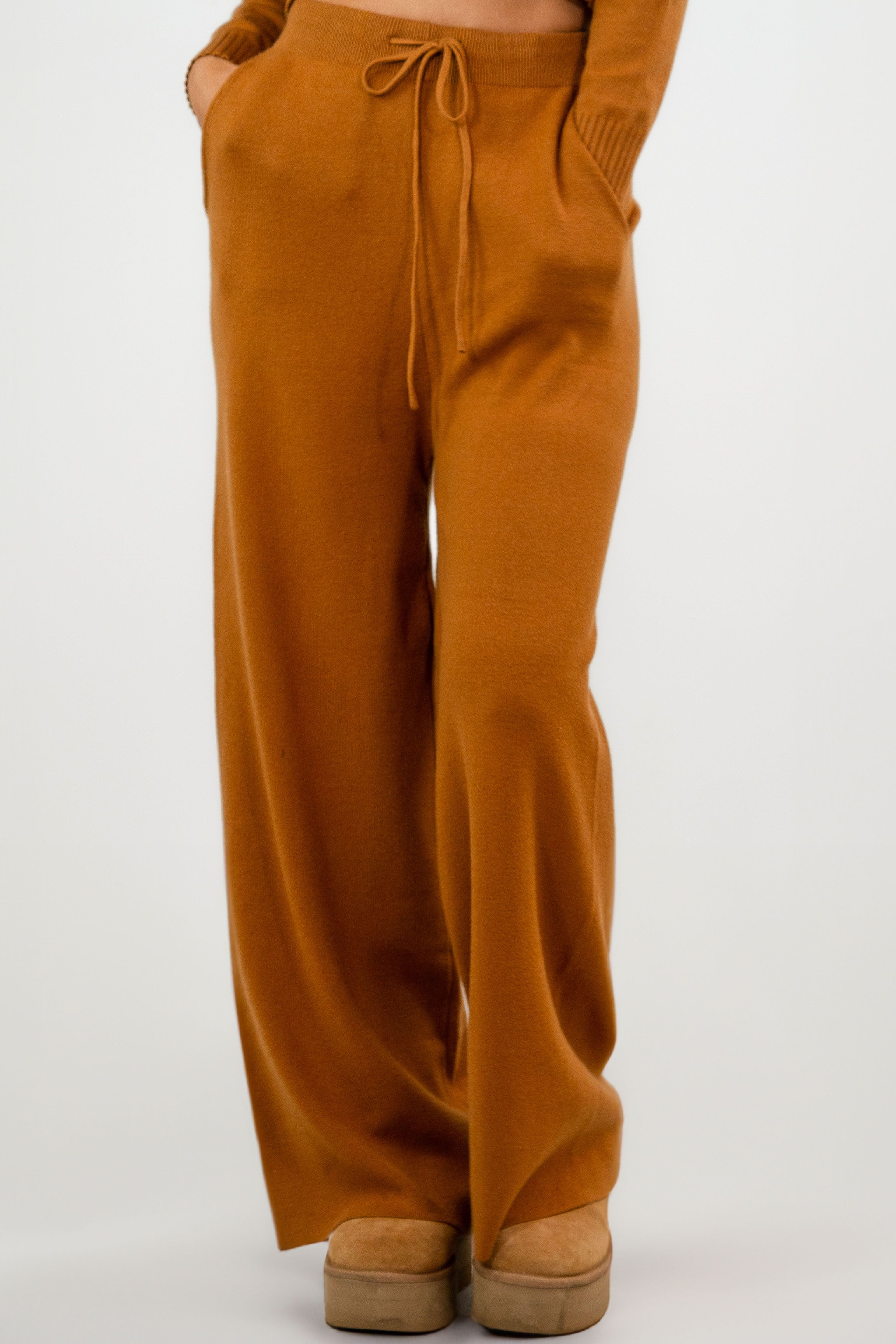 BALOU BALOU Women's High Waist Wide Leg Knit Trousers in Brown - 3