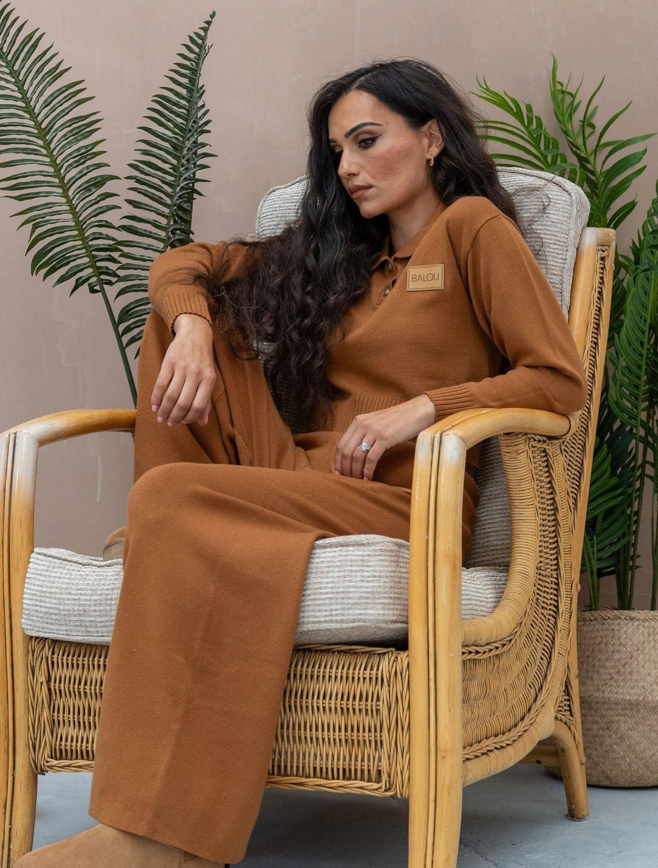 BALOU BALOU Women's High Waist Wide Leg Knit Trousers in Brown - 4