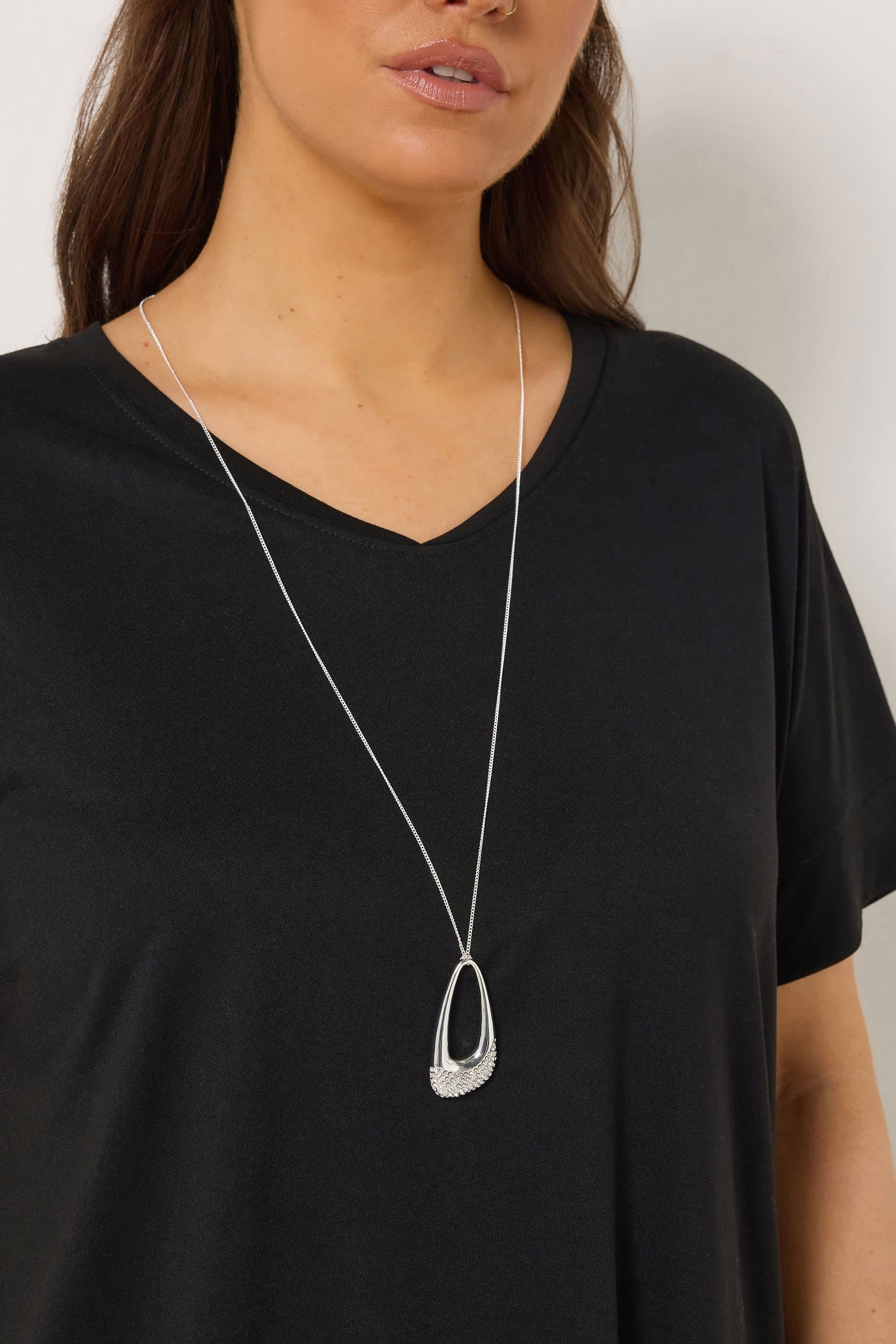 Yours Silver Tone Long Diamante Pendant Necklace