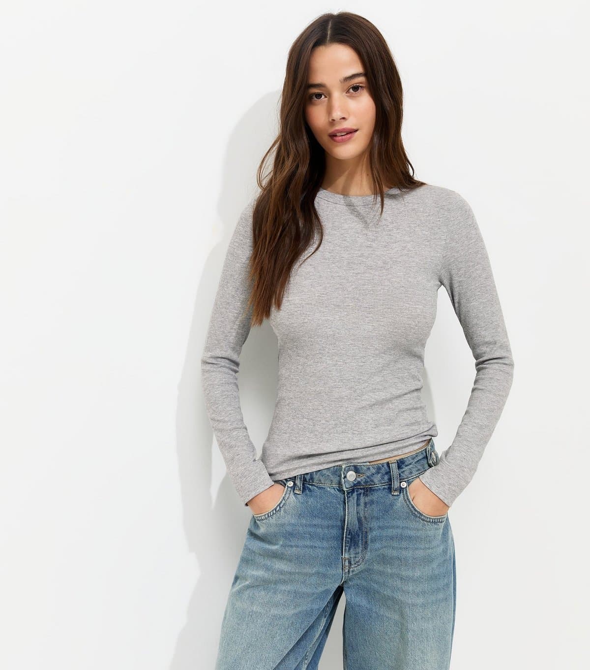 New Look New Look Grey Marl Cotton Rich Ribbed Crew Neck Long Sleeve Top