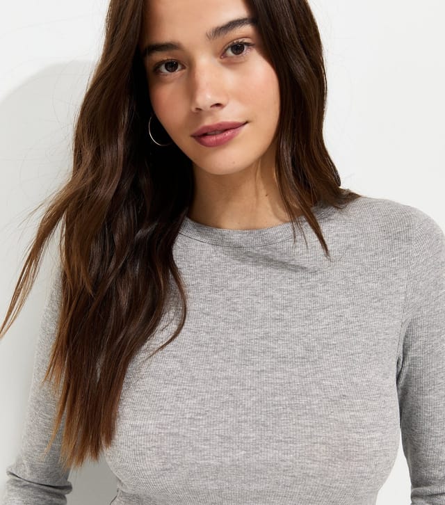 New Look Women's Grey Marl Cotton Rich Ribbed Crew Neck Long Sleeve Top New Look - 2