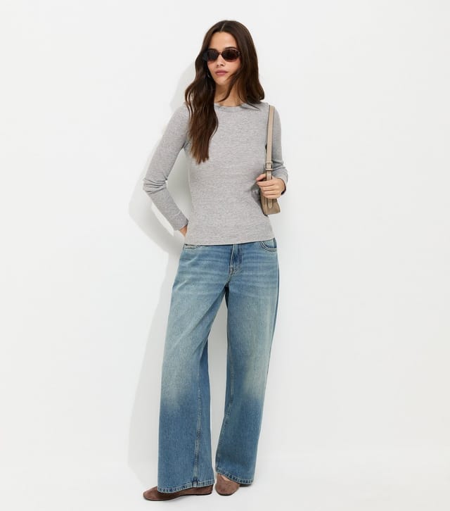 New Look Women's Grey Marl Cotton Rich Ribbed Crew Neck Long Sleeve Top New Look - 3
