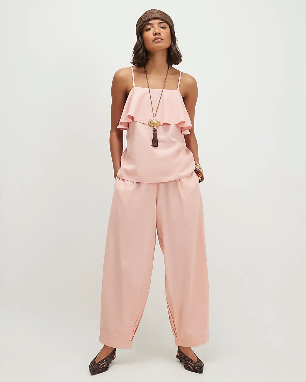 River Island River Island Womens Pink Linen Blend Tapered Balloon Leg Trousers