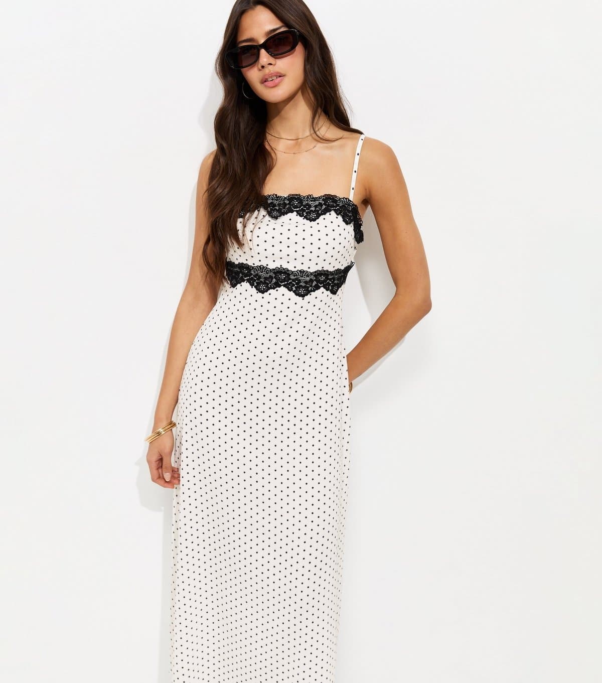 New Look Women's White Crinkled Polka Dot Lace Trim Strappy Midi Dress New Look