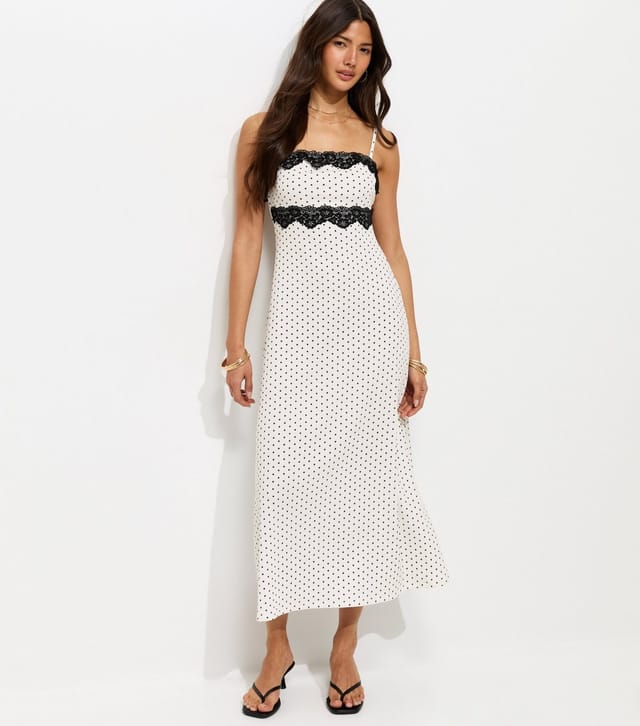 New Look Women's White Crinkled Polka Dot Lace Trim Strappy Midi Dress New Look - 3