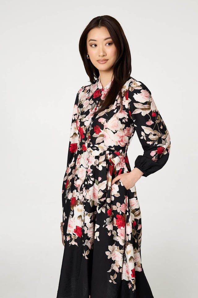 Izabel London Izabel London Women's Floral Tie Waist Long Sleeve Midi Dress in Black - 2