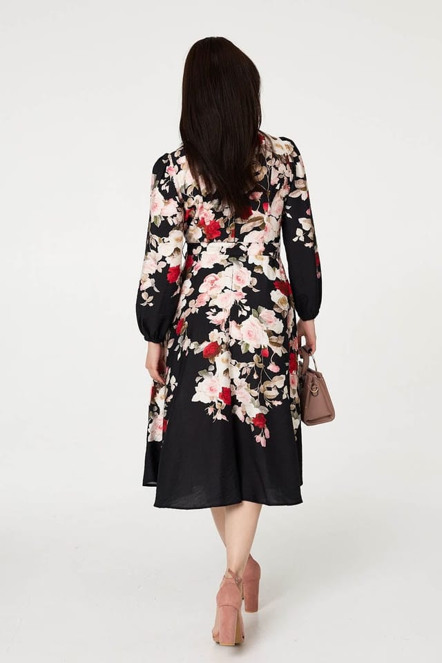 Izabel London Izabel London Women's Floral Tie Waist Long Sleeve Midi Dress in Black - 3