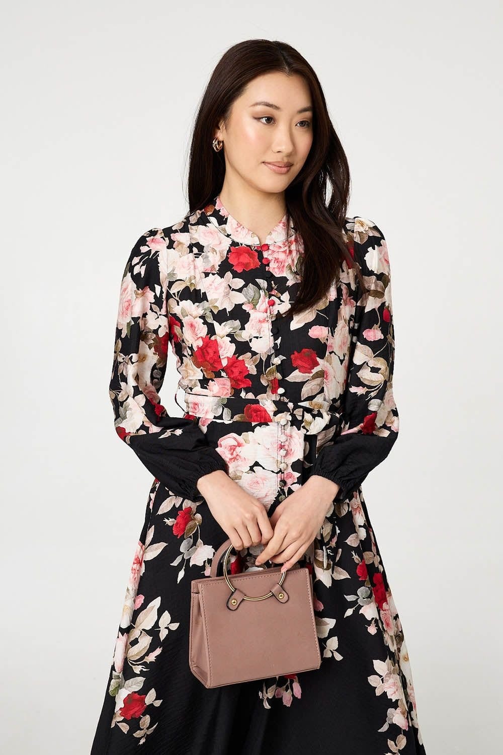 Izabel London Izabel London Women's Floral Tie Waist Long Sleeve Midi Dress in Black - 4