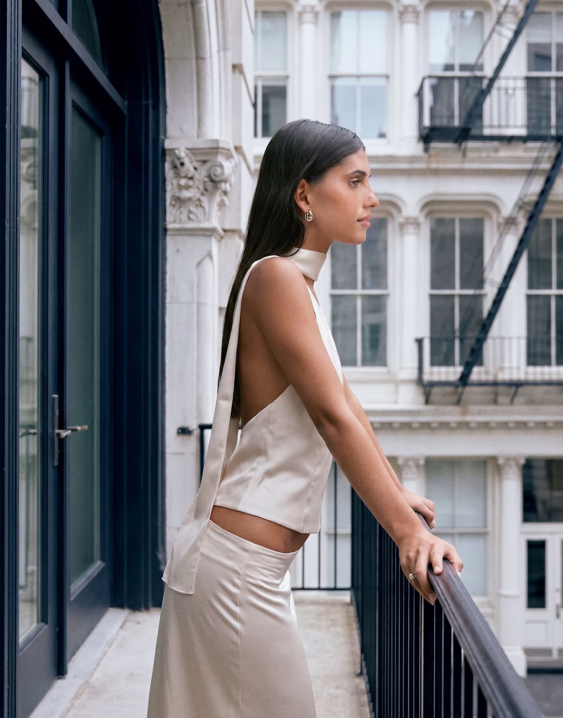 ASOS Lioness Front Row satin scarf detail halterneck top co-ord in cream