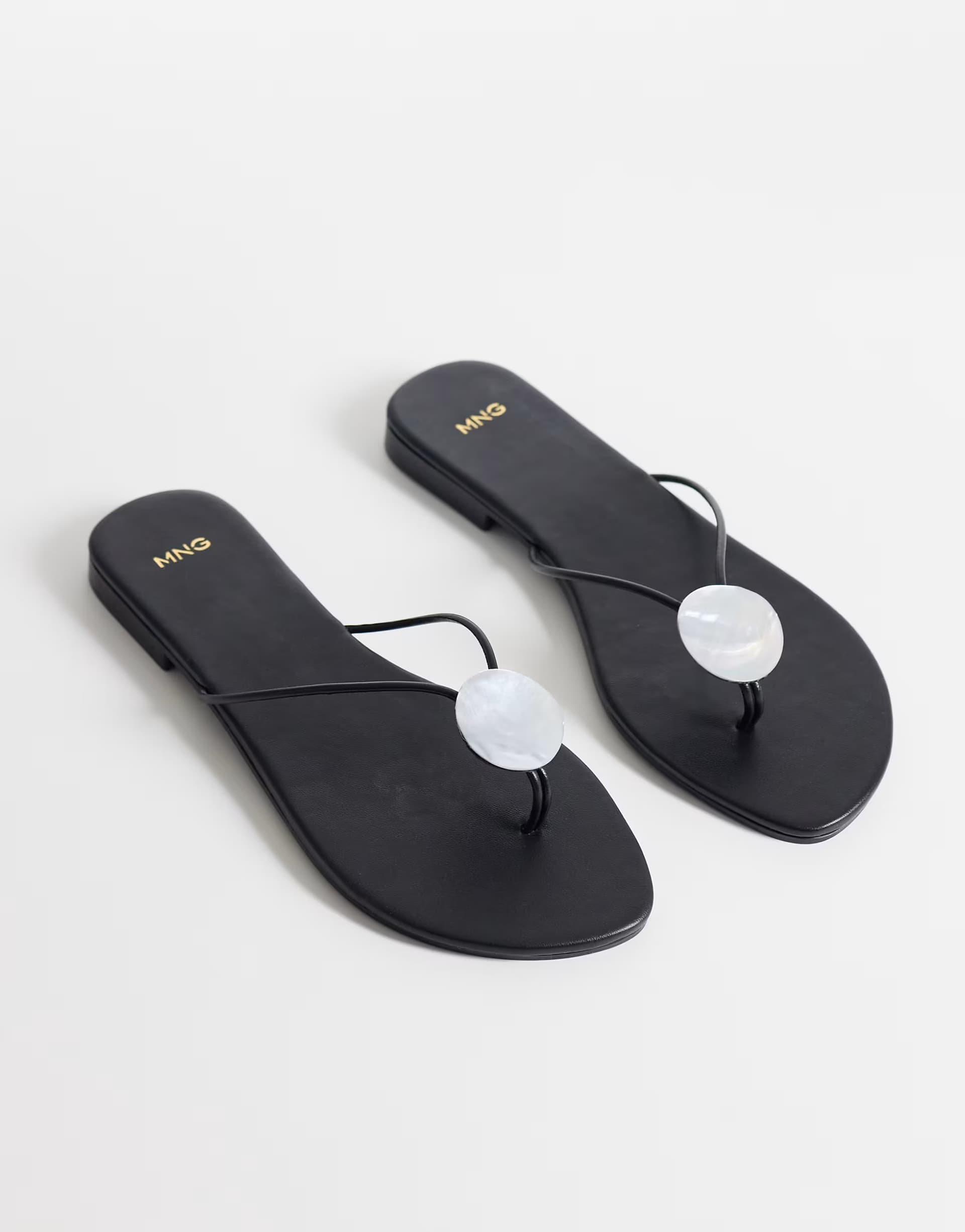 ASOS Mango 100% leather flat sandal with pearl detail in black