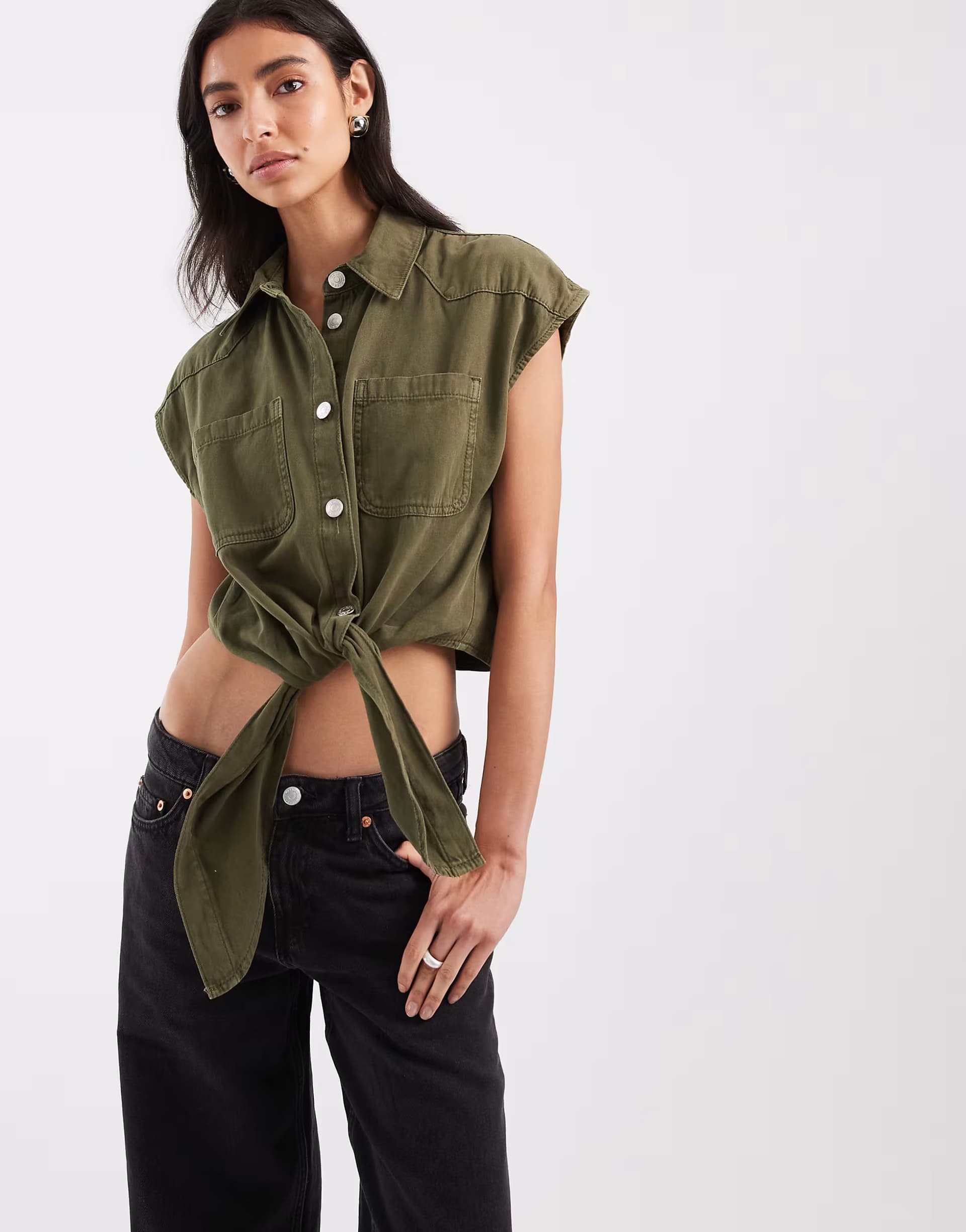 ASOS ASOS DESIGN denim shirt with tie front in khaki
