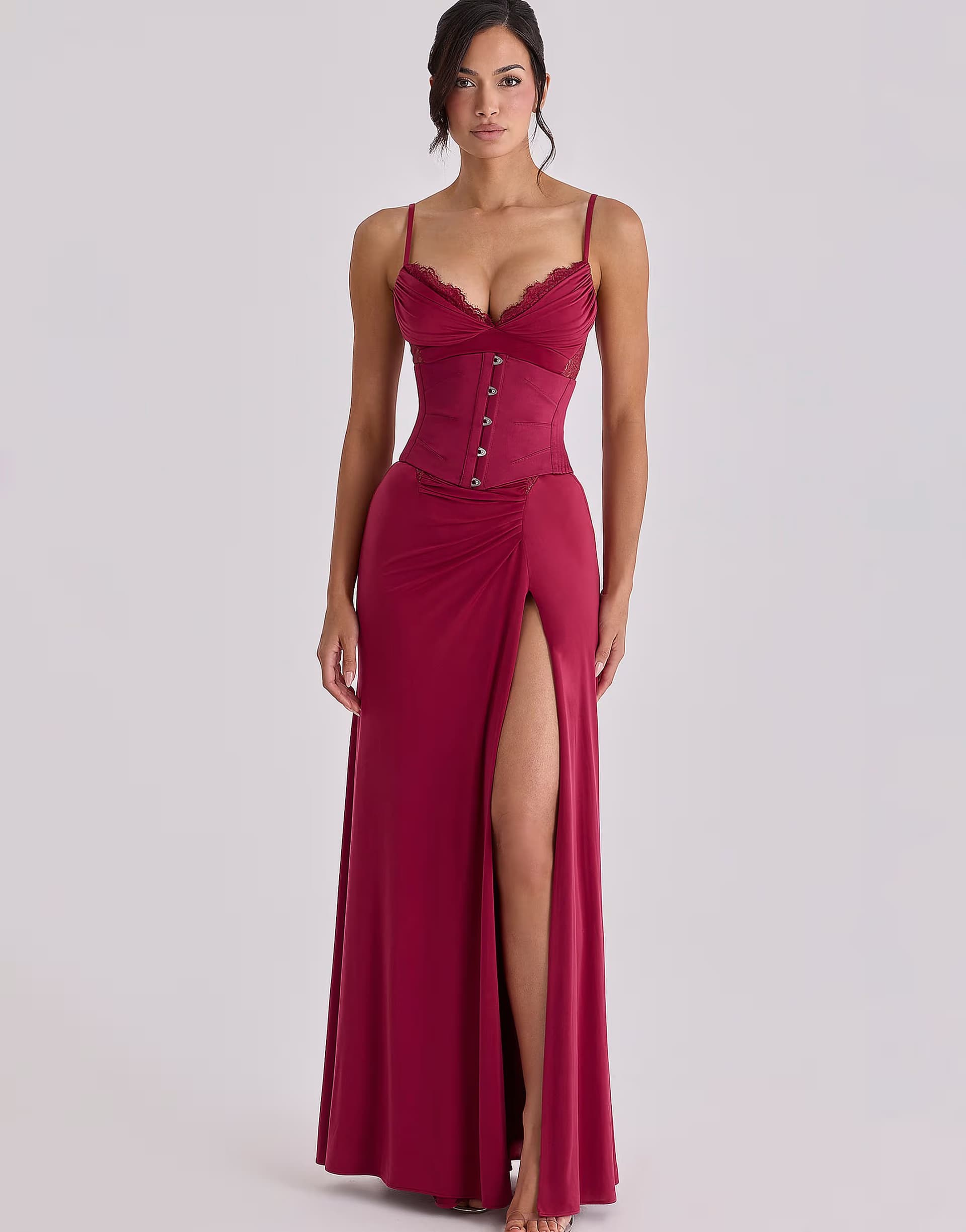 ASOS House of CB Sabrine wine lace trim maxi dress + corset in wine