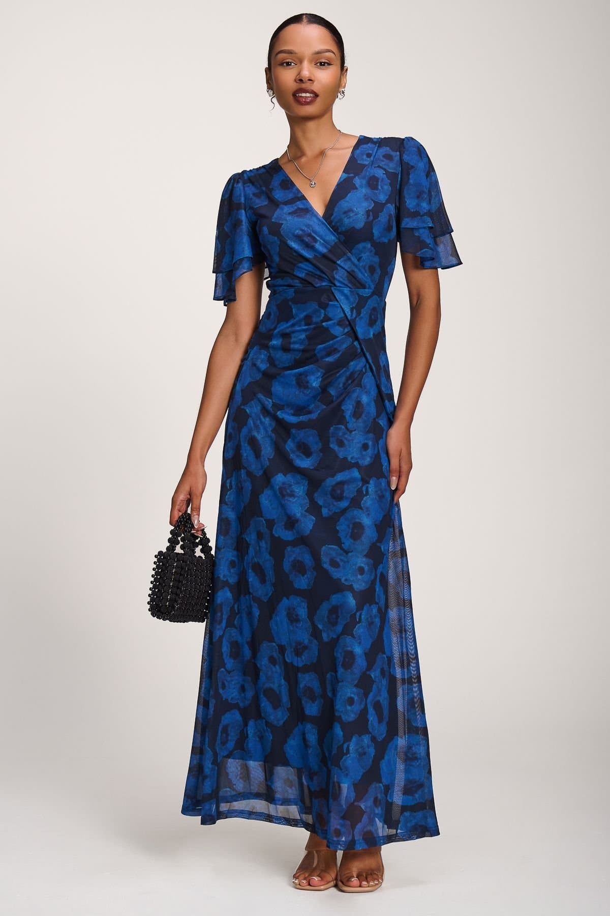 Jolie Moi Jolie Moi Women's Angel Sleeve Mesh Maxi Dress in Dark Navy