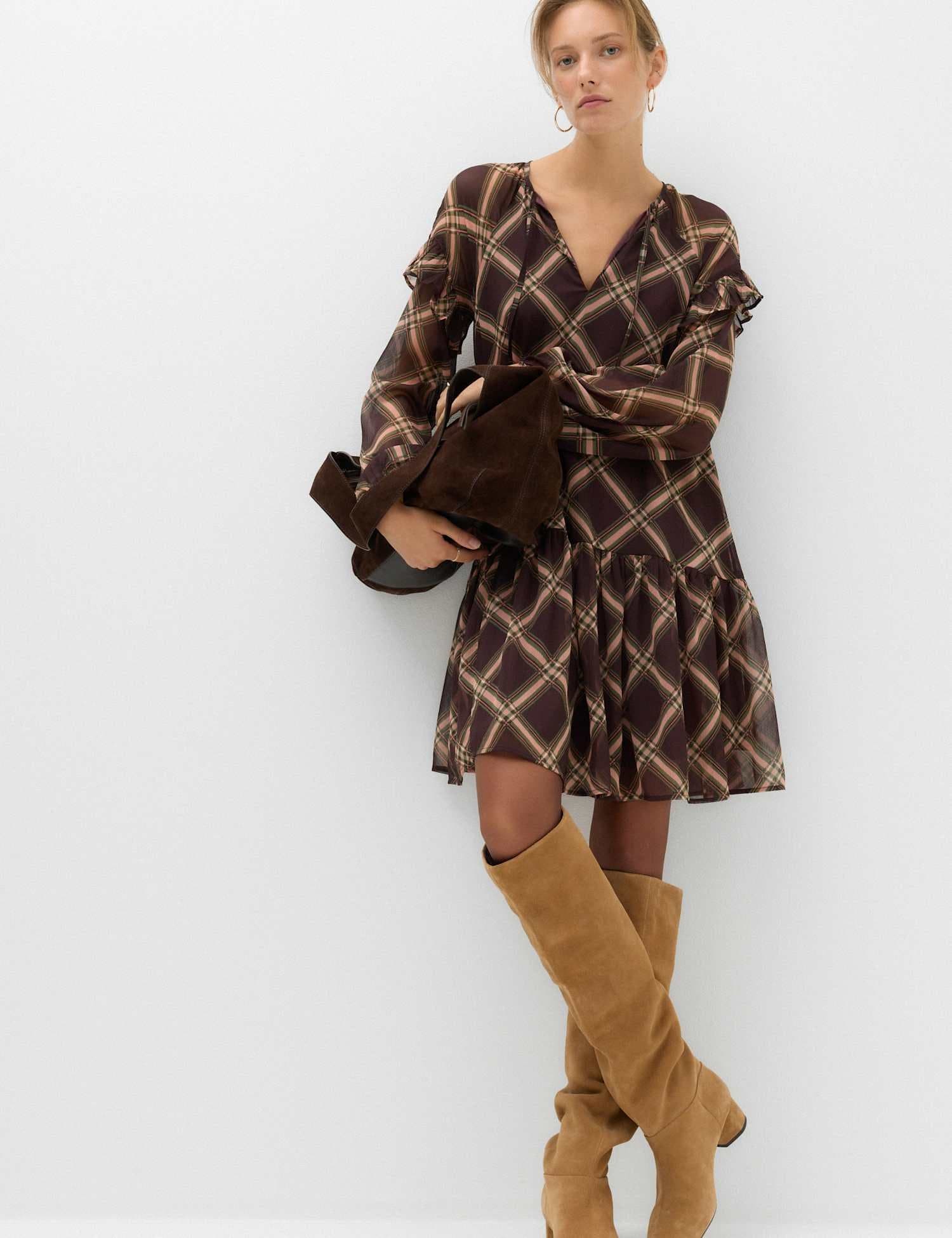 Marks & Spencer M&S Chiffon Checked Tie Neck Mini Drop Waist Dress Brown Mix