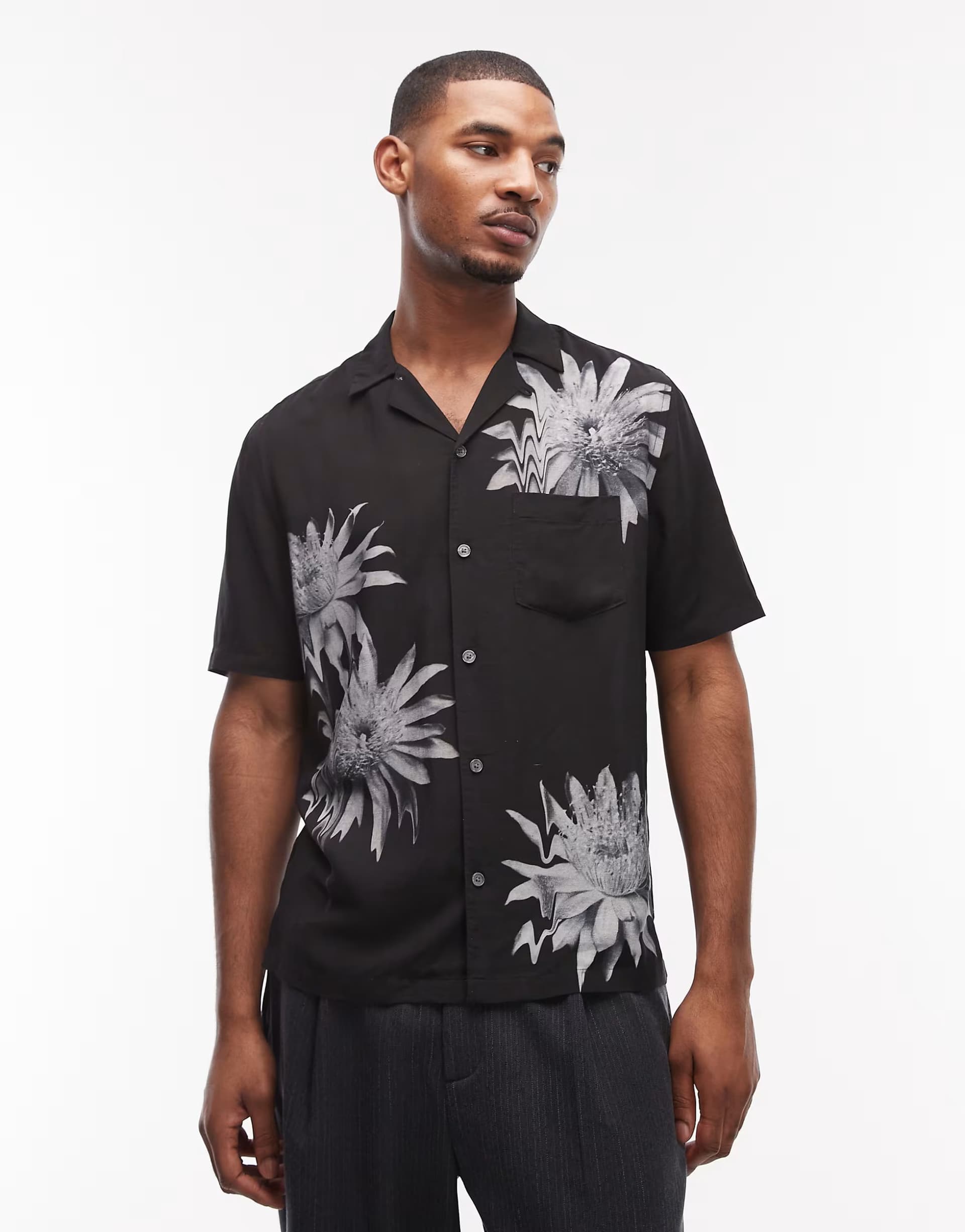 ASOS AllSaints Floraze short sleeve daisy print shirt in black