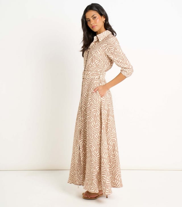 Gini London Women's Cream Leaf Pattern Shirt Maxi Dress Gini London New Look - 3