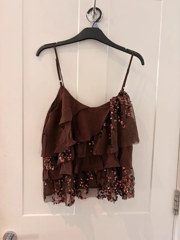 luc_ce Lucce BNWT brown tiered frill layered cami top sequin top strappy top loose festival top
