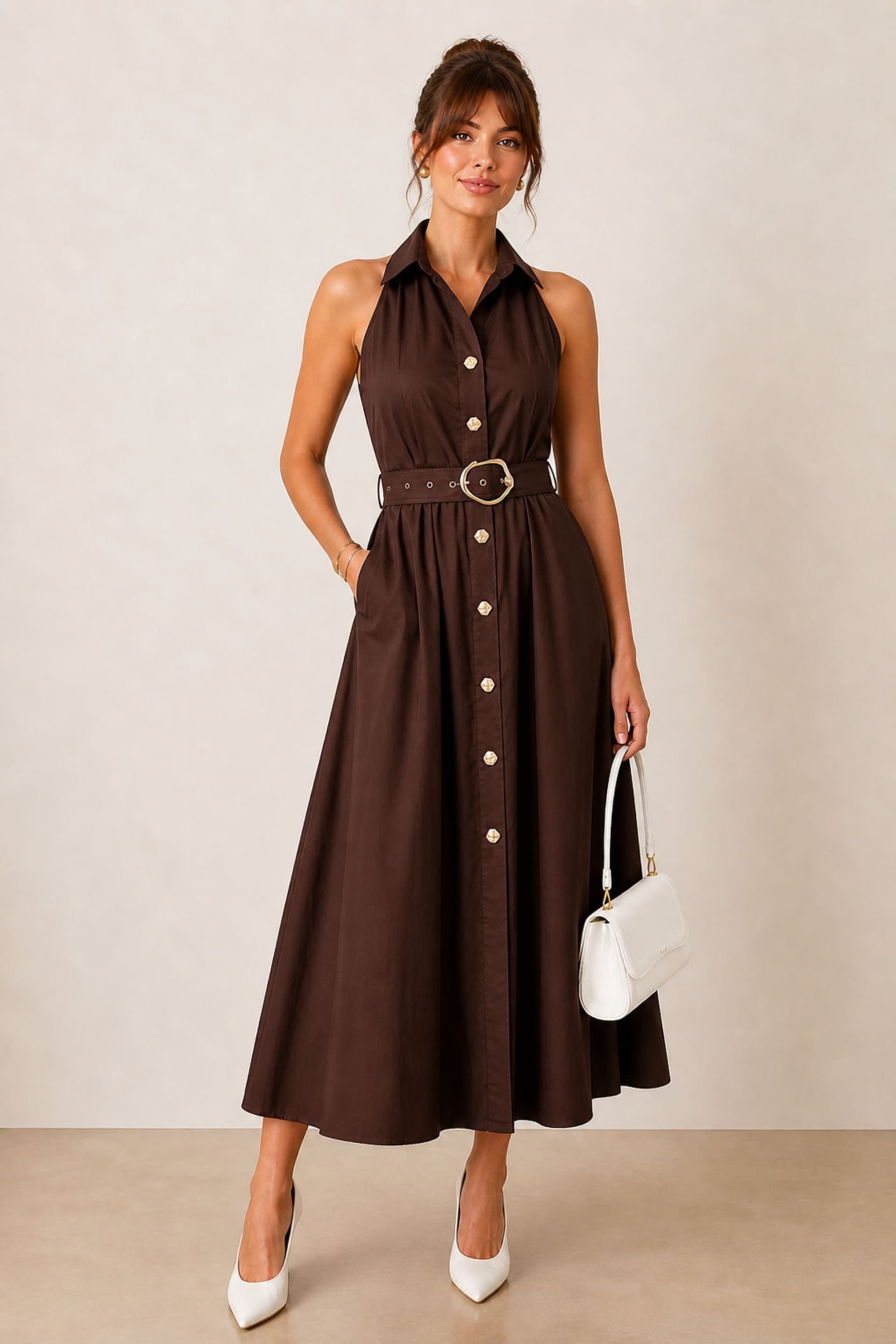 Style Cheat Style Cheat Women's Cotton Racer Shirt Dress in Brown