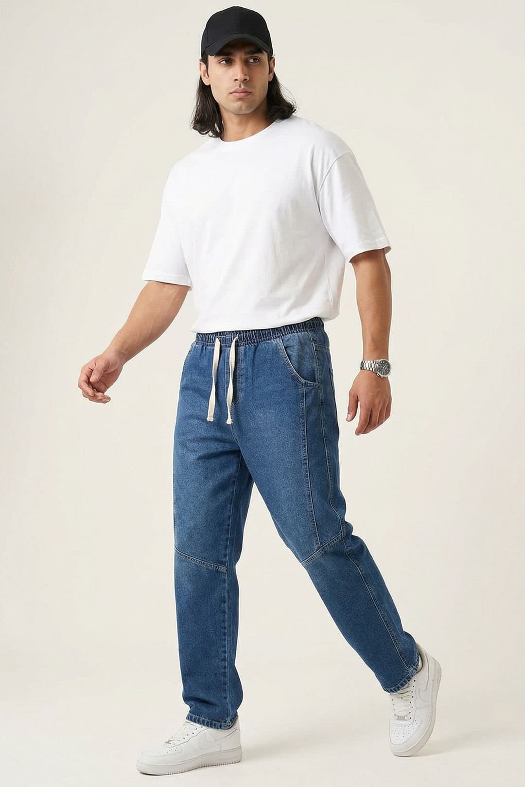 Big Dart Big Dart Men's Baggy Denim Pants with Drawstring Waist in Blue