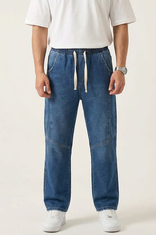 Big Dart Big Dart Men's Baggy Denim Pants with Drawstring Waist in Blue - 2