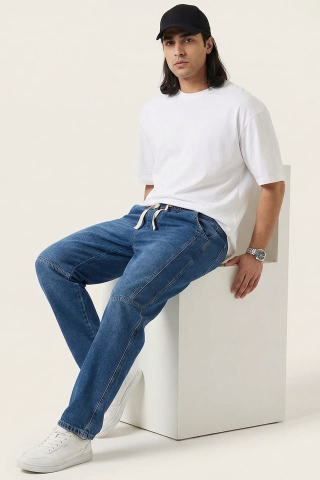 Big Dart Big Dart Men's Baggy Denim Pants with Drawstring Waist in Blue - 3