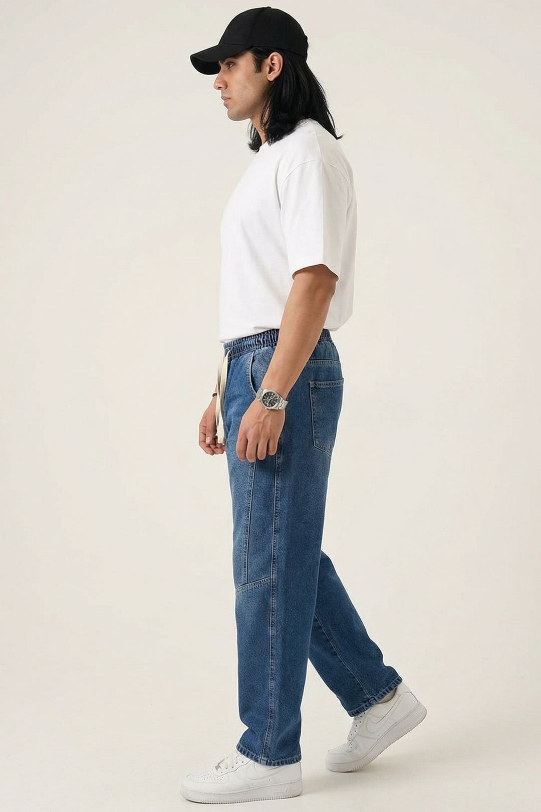 Big Dart Big Dart Men's Baggy Denim Pants with Drawstring Waist in Blue - 4