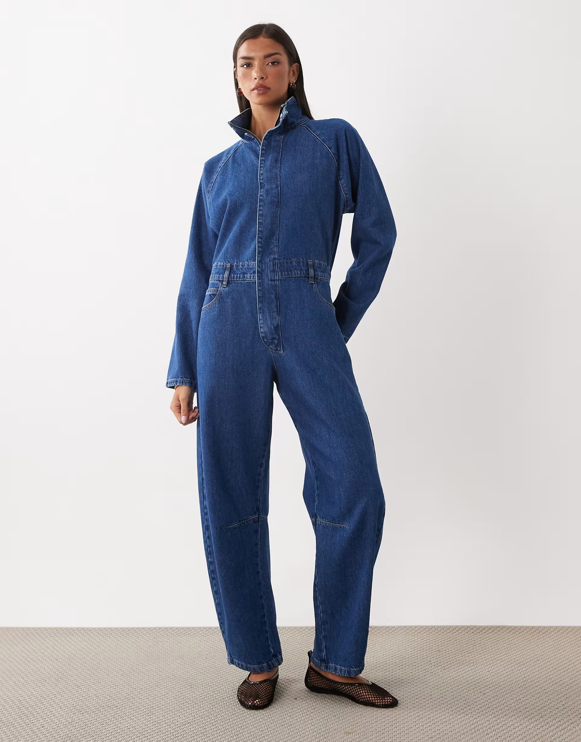 ASOS DESIGN denim funnel neck jumpsuit in dark mid blue