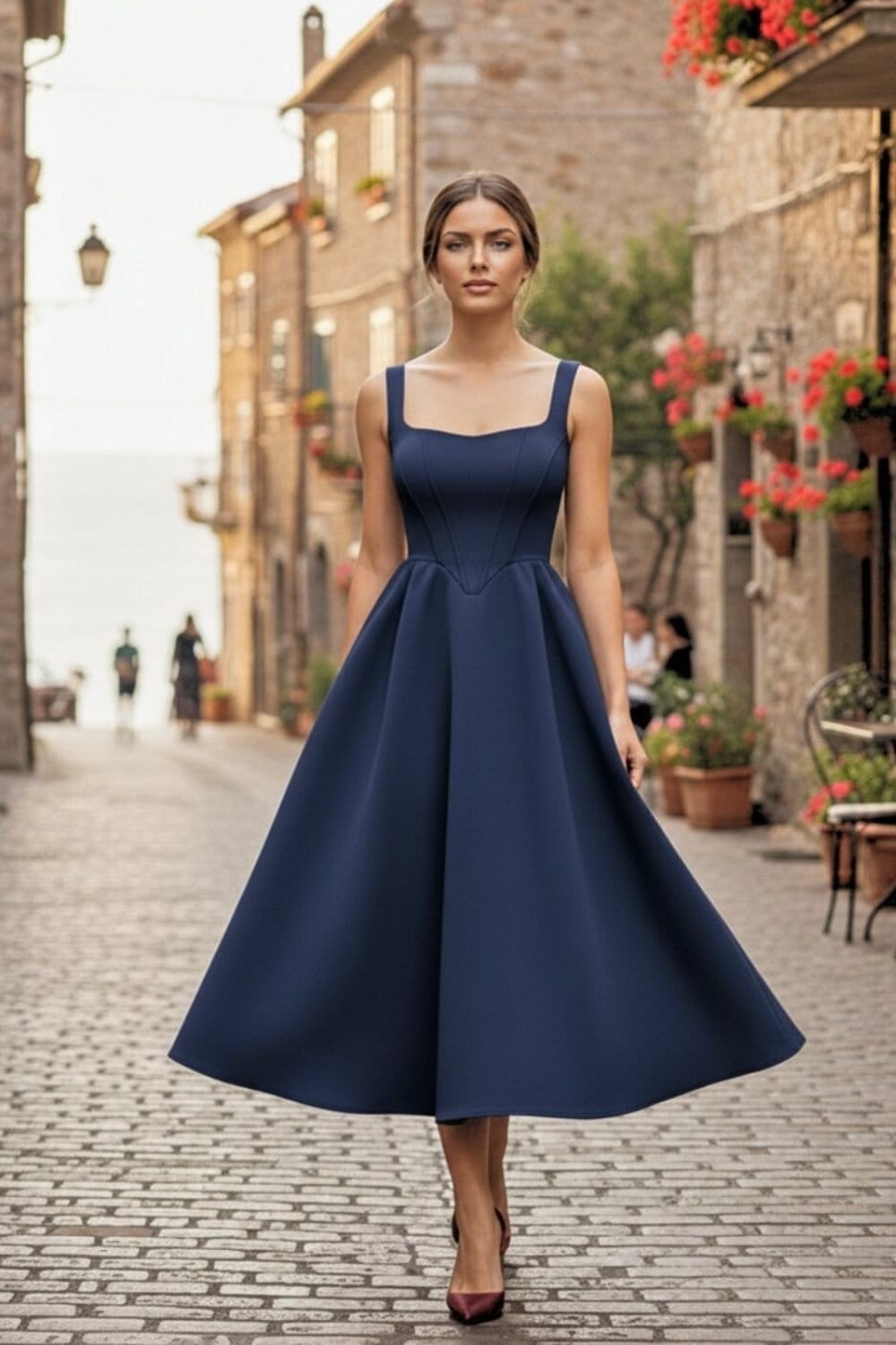 AVINCI Navy Square Neck Corset Midi Dress