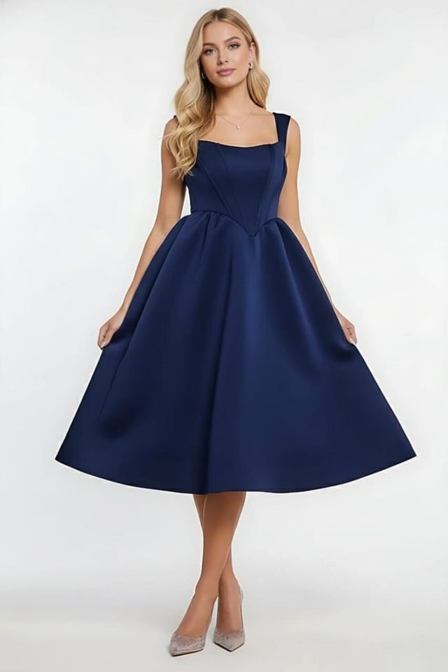 AVINCI AVINCI Women's NAVY SQUARE NECK CORSET FIT & FLARED MIDI DRESS - 2