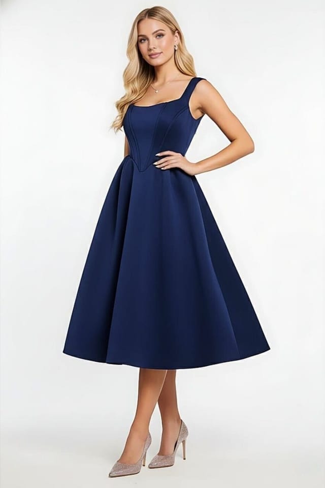 AVINCI AVINCI Women's NAVY SQUARE NECK CORSET FIT & FLARED MIDI DRESS - 3