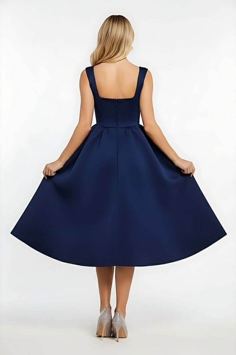 AVINCI AVINCI Women's NAVY SQUARE NECK CORSET FIT & FLARED MIDI DRESS - 4