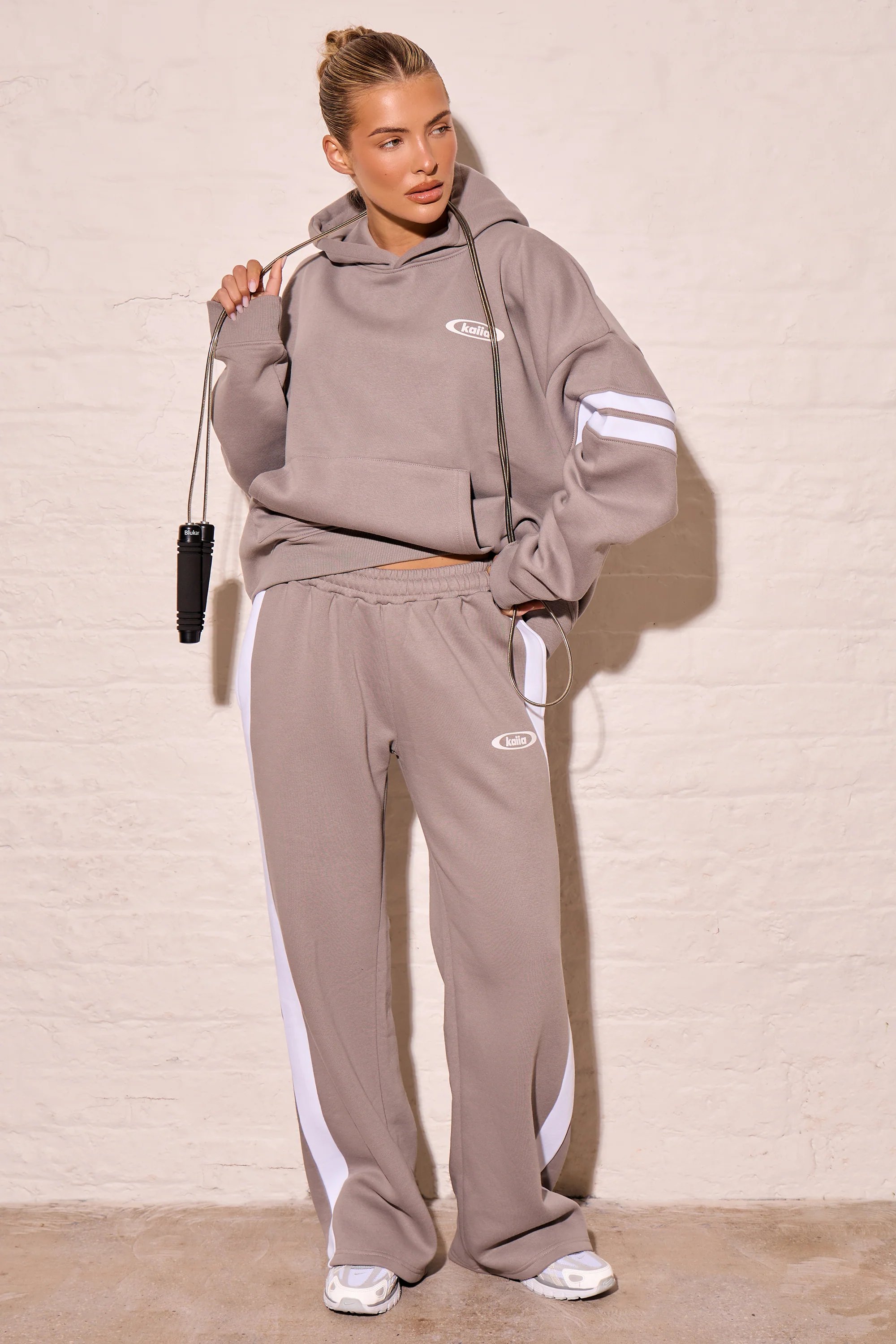 Kaiia Kaiia Arm Detail Oversized Hoodie Mist Grey & Cream - 3