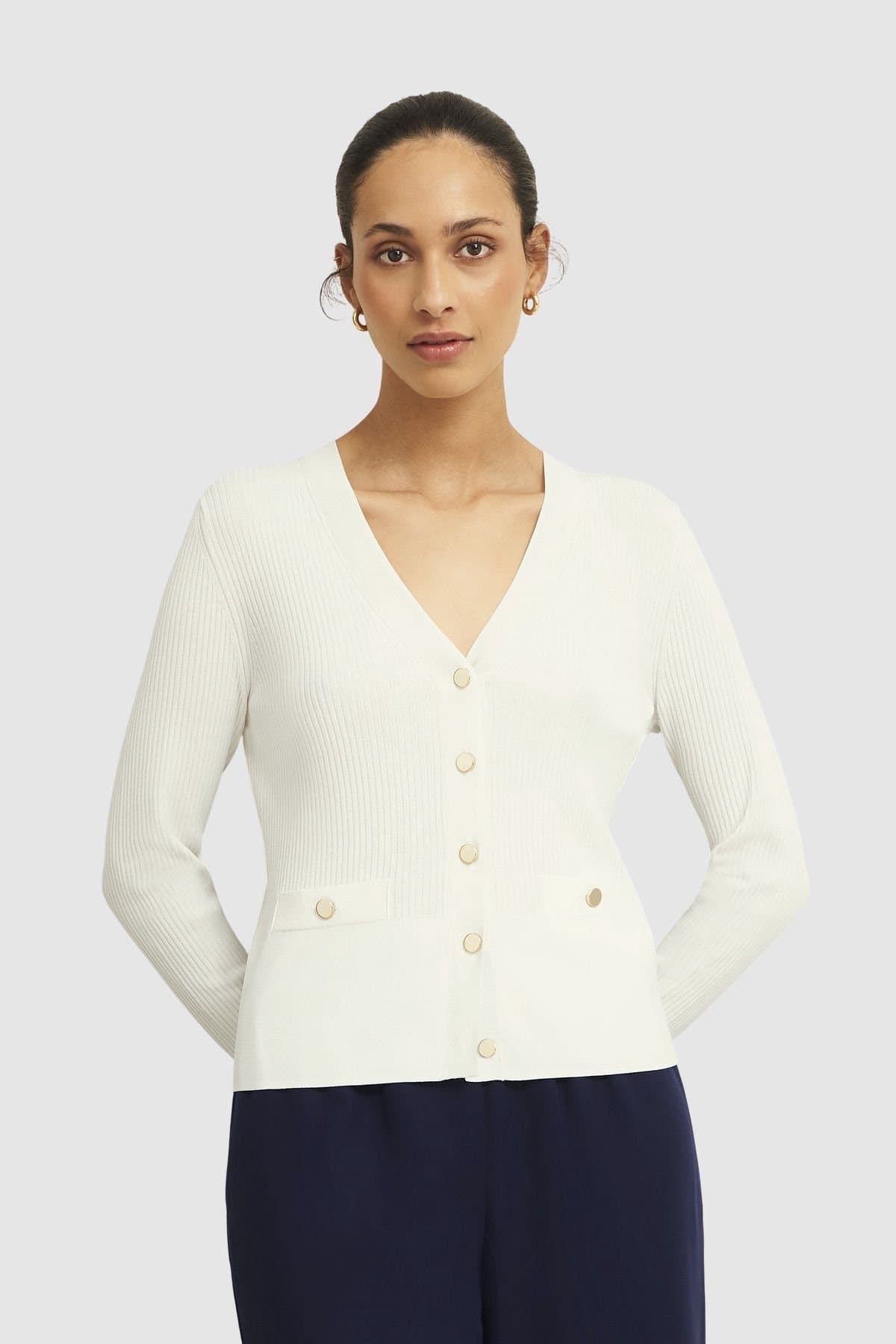 Hobbs London Hobbs London Women's Aubrey Ribbed V-Neck Cardigan in Warm White