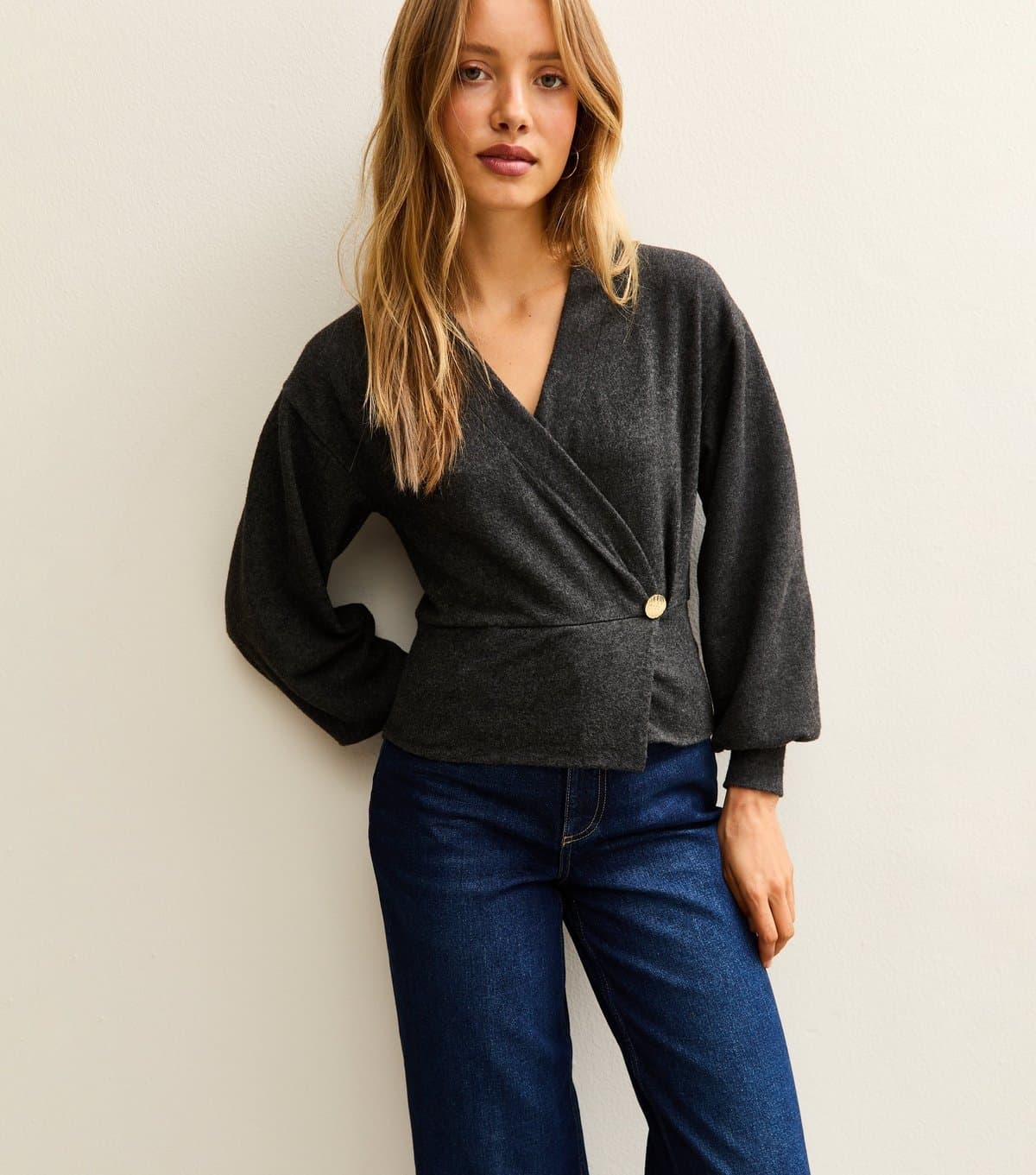 New Look Women's Dark Grey Soft Touch Wrap Top New Look