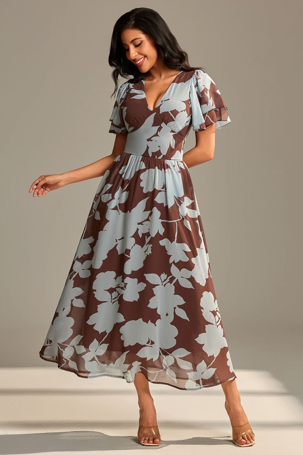 Jolie Moi Jolie Moi Women's Layered Angel Sleeved Chiffon Maxi Dress in Brown - 2