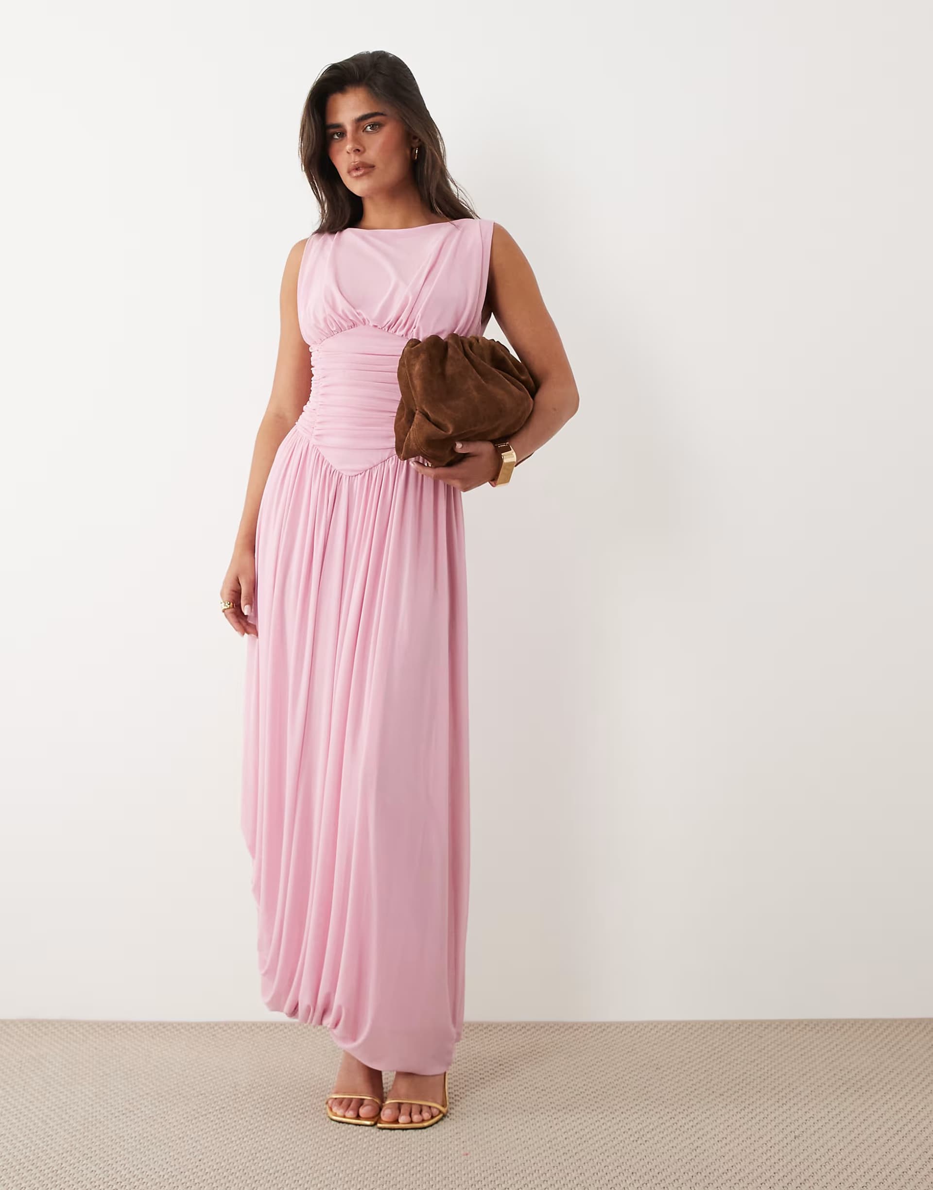 ASOS ASOS DESIGN mesh slash neck asymmetric bubble hem maxi dress in pink
