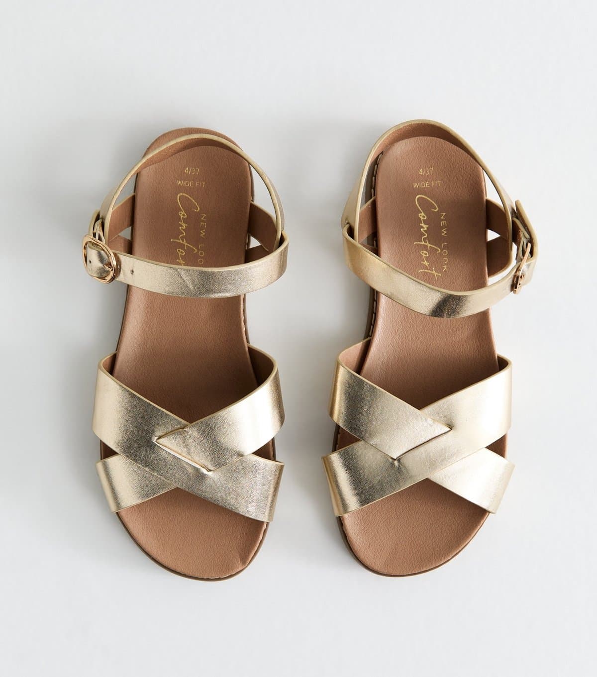 New Look Women's Wide Fit Gold Metallic Faux Leather Crossover Strap Sandals Vegan New Look
