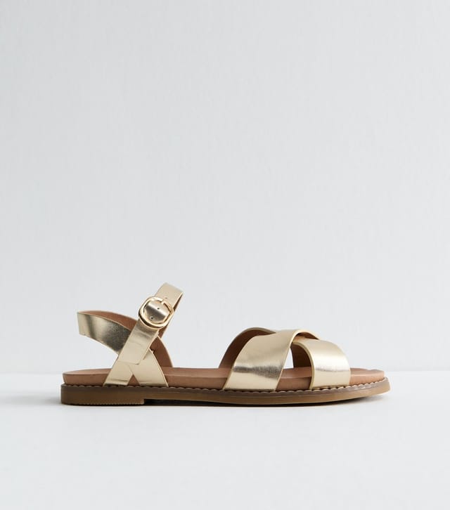 New Look Women's Wide Fit Gold Metallic Faux Leather Crossover Strap Sandals Vegan New Look - 3