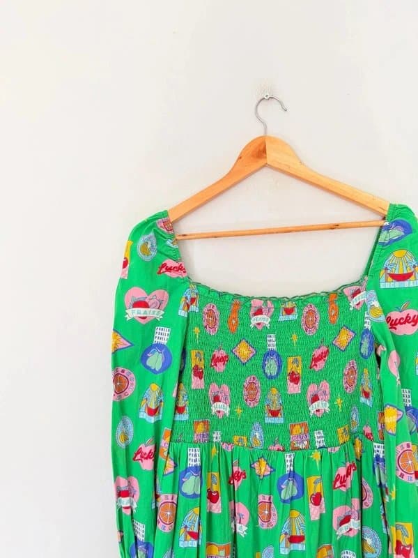 Never Fully Dressed Never Fully Dressed Dress Size 14 Green Retro Bright Shirred Lucky Midi Summer