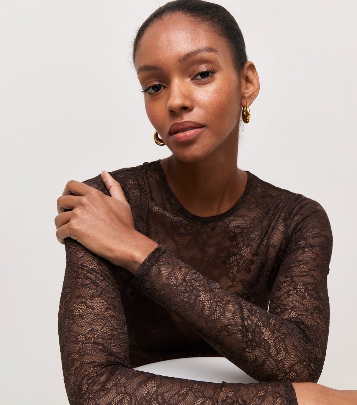New Look Women's Dark Brown Semi Sheer Lace Long Sleeve Bodysuit New Look
