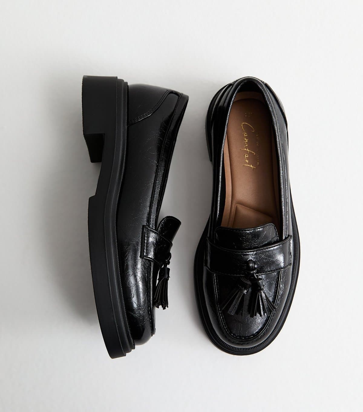 New Look Women's Black Faux Leather Chunky Sole Tassel Loafers Vegan New Look