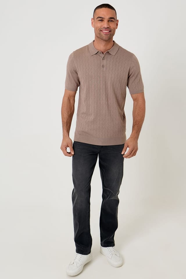 Threadbare Threadbare Men's Zig Zag Stitch Knitted Polo in Taupe - 3