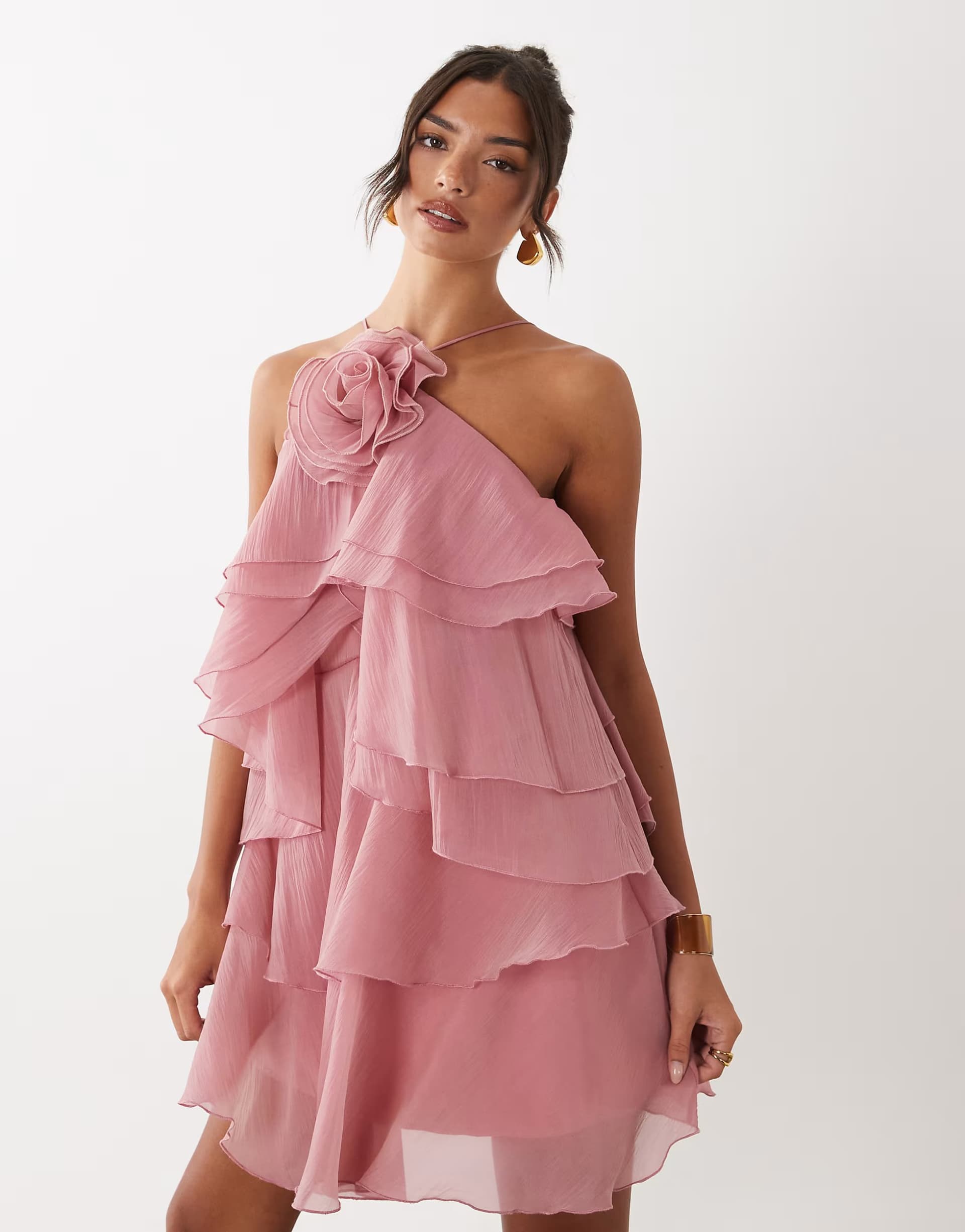 ASOS YAS 3D floral applique ruffle mini dress in pink 