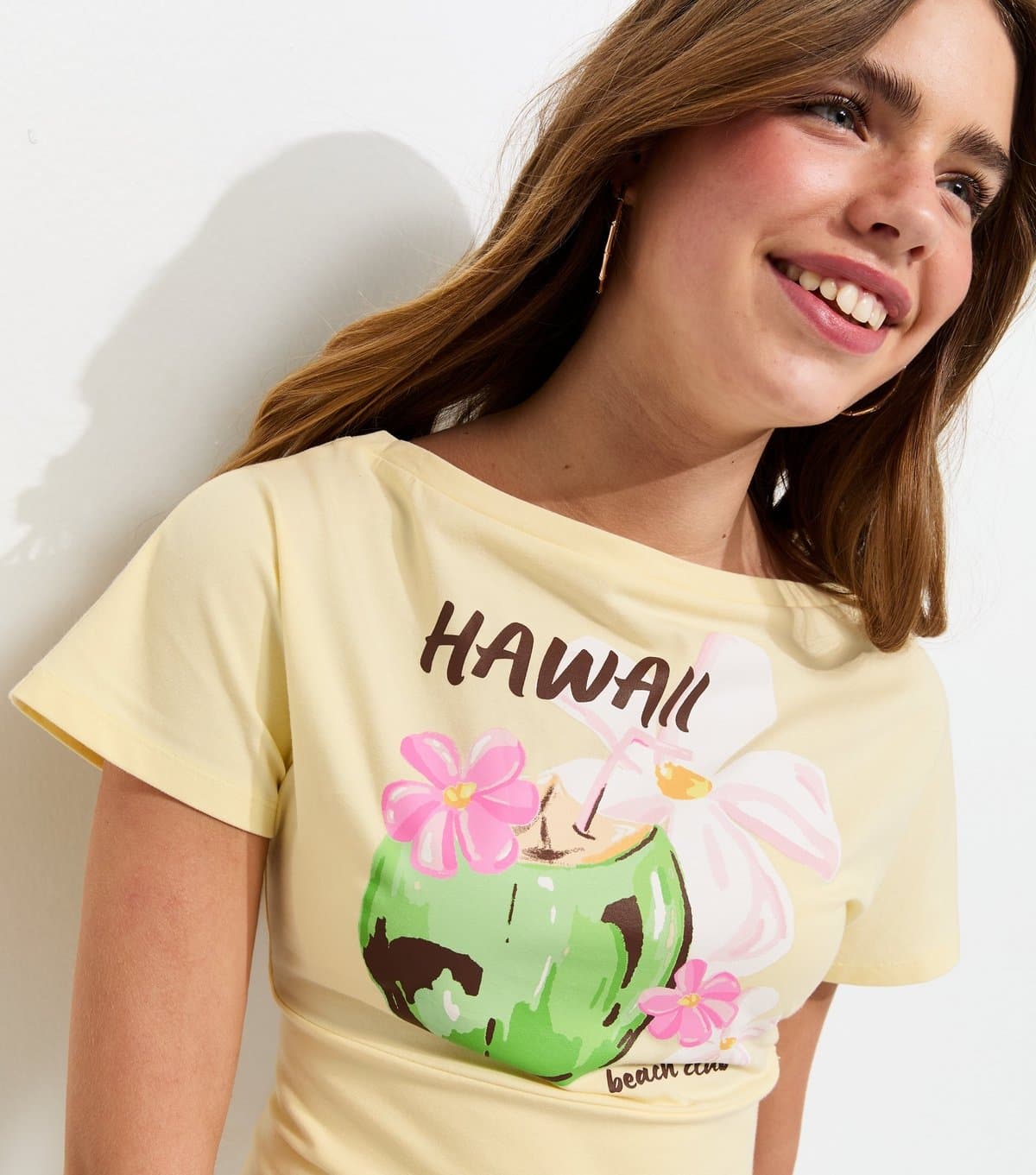 New Look Girls' Light Yellow Hawaii Print Cinched Waist T-Shirt New Look