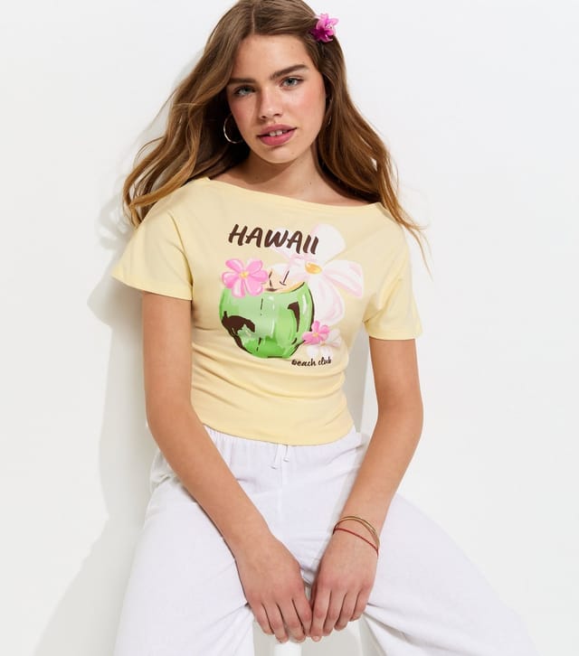 New Look Girls' Light Yellow Hawaii Print Cinched Waist T-Shirt New Look - 2