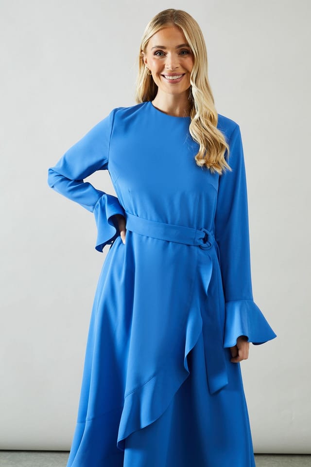 Wallis Wallis Women's Petite Ruffle Front Belted Midi Dress in Blue - 2