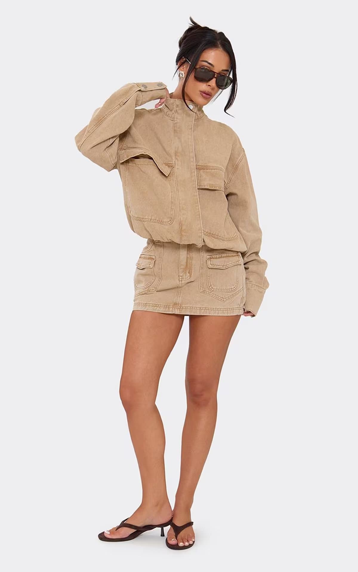 EGO Mid Rise Belt And Pocket Detail Mini Skirt In Stone Denim, Women's Size UK 6