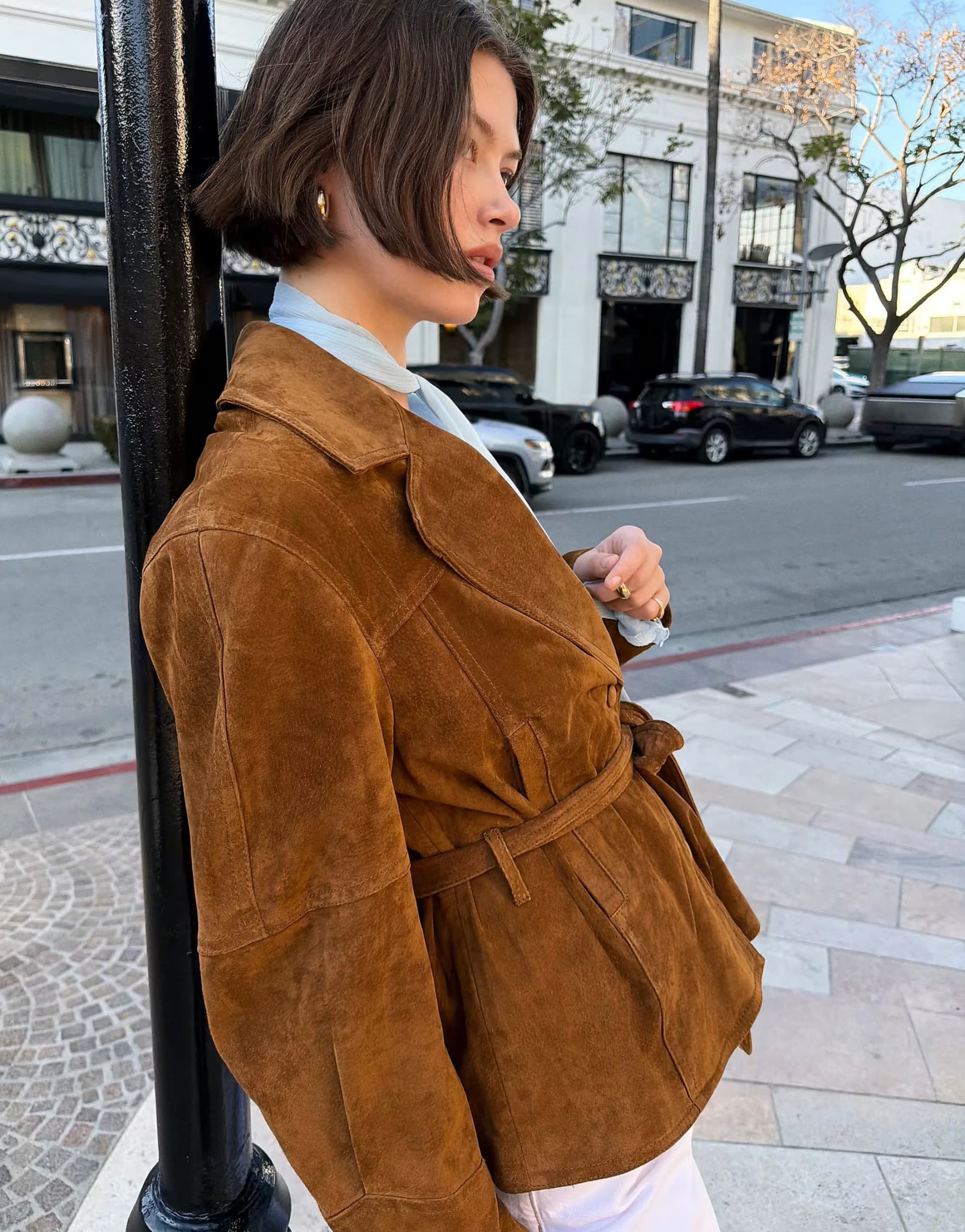 ASOS Bershka Suede jacket with belt in brown
